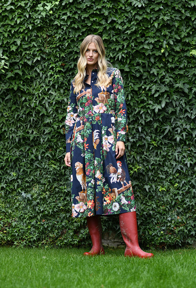 Kleid "Hähne mit Blumenranken", navy