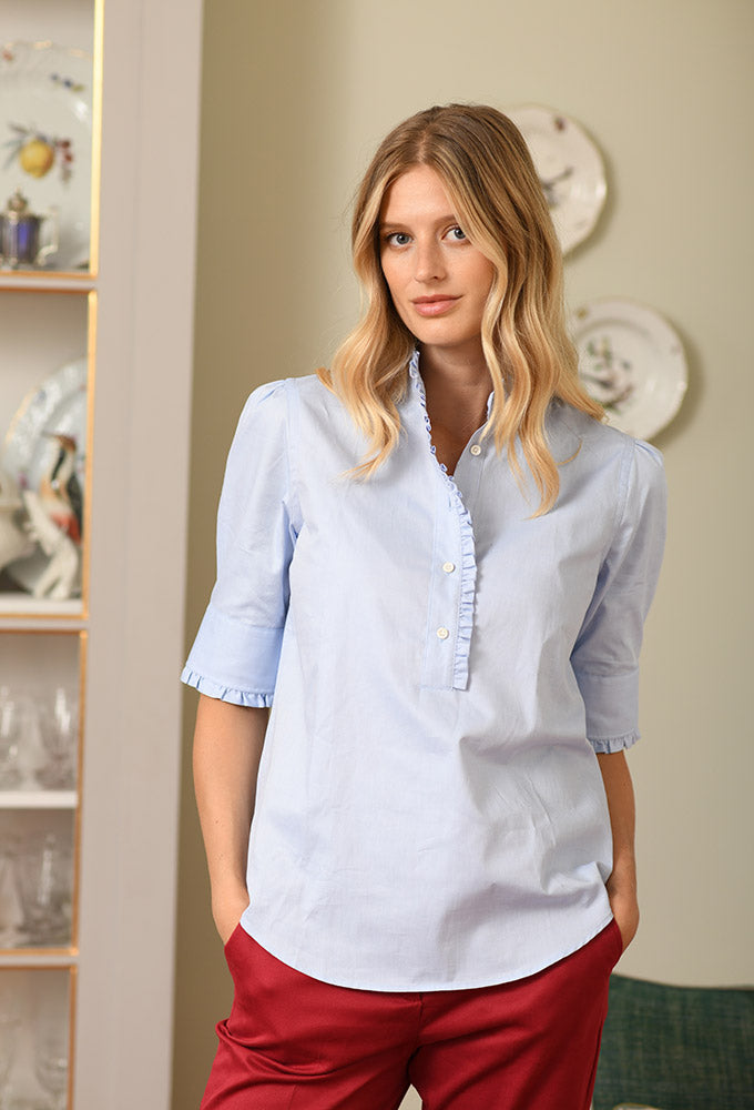 Bluse Oxford Rüschen, hellblau