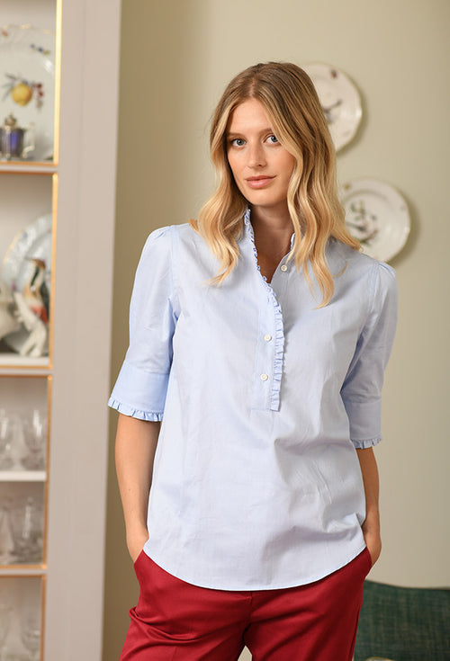 Bluse Oxford Rüschen, hellblau