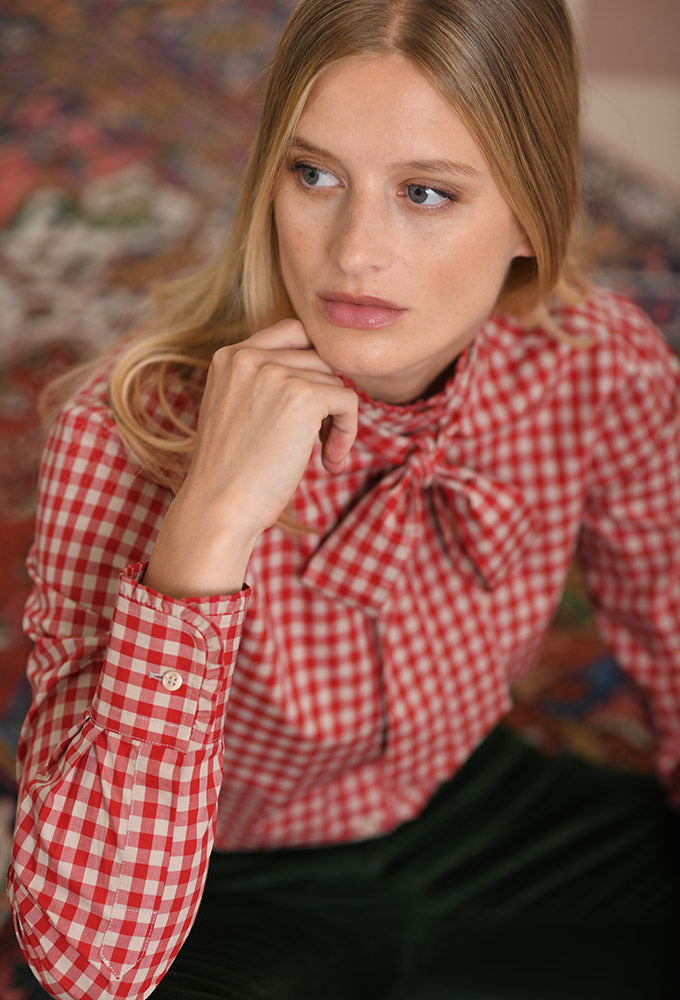Bluse Vichy rot/beige mit Schleife