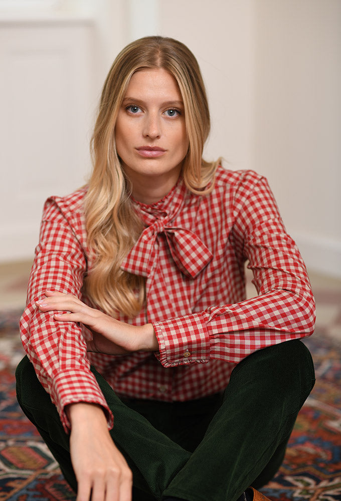 Bluse Vichy rot/beige mit Schleife